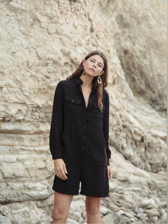 OZMA Pants - OZMA of California Tangier Black Canvas Button-Front Romper with Pockets